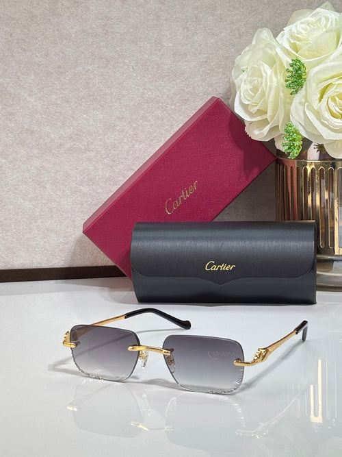 Cartier glasses with gold metal temples and gray tinted rectangular lenses