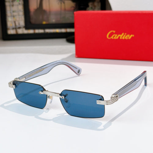 Sunglasses with blue lenses, silver metal frame, and blue temple accents.