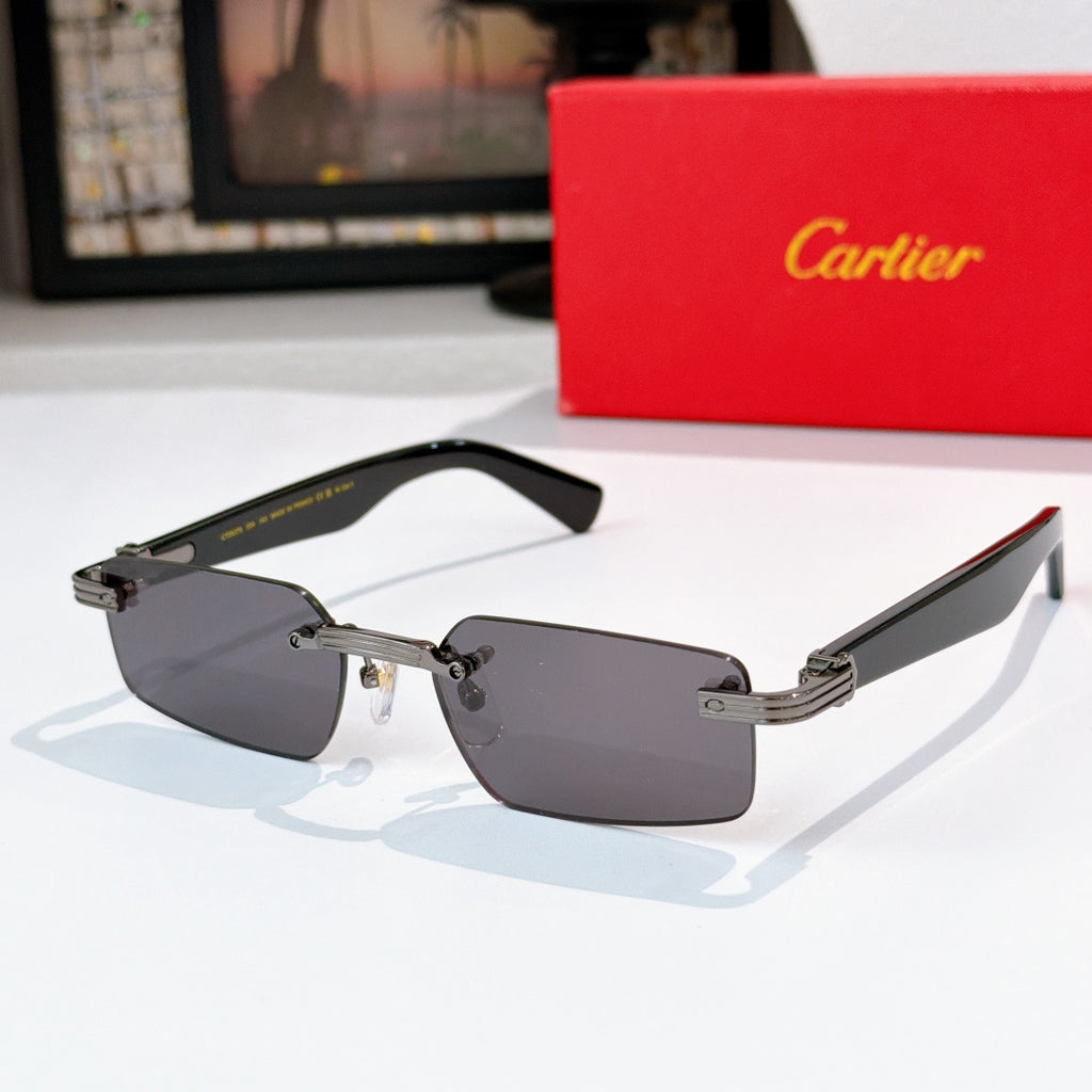 Sunglasses with dark gray lenses and black frame with silver metal arms.