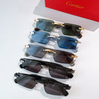 Stack of sunglasses with blue, green, and dark lenses and gold-tone metal frames.