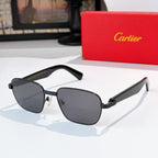 Cartier sunglasses with dark gray lenses and black frames, cat-eye shape