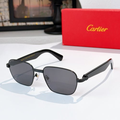 Cartier sunglasses with dark gray lenses and black frames, cat-eye shape