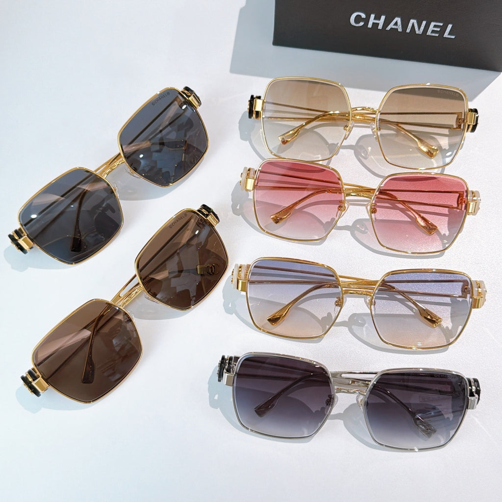 Chanel sunglasses assortment with gold and dark frames, square lenses, temple hardware visible.