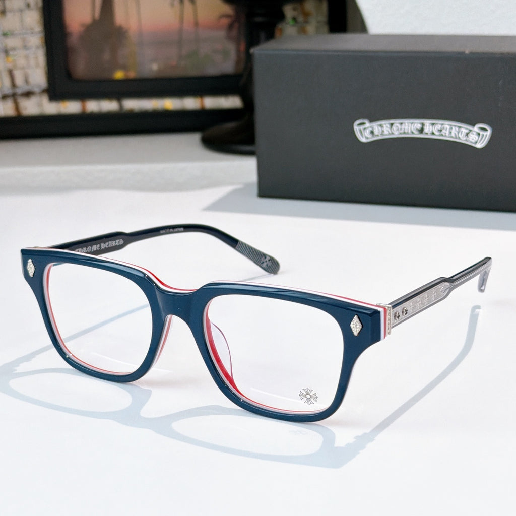 Blue eyeglasses with full-rim frames, clear lenses, and metal accent on the temples