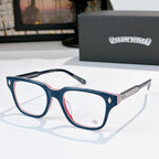 Blue eyeglasses with full-rim frames, clear lenses, and metal accent on the temples