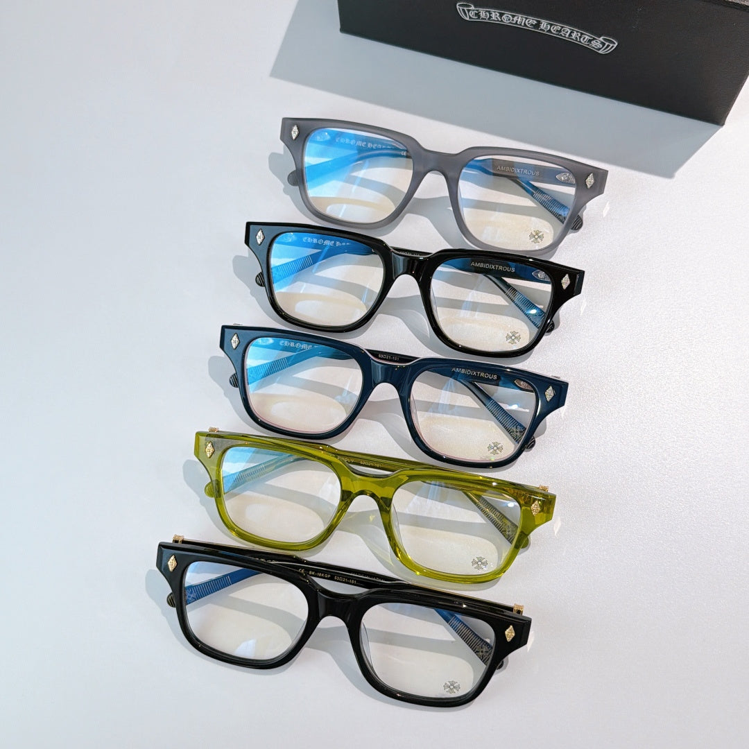 Set of multicolor eyeglasses with blue-tinted lenses and full-rim frames: black, green, blue, red