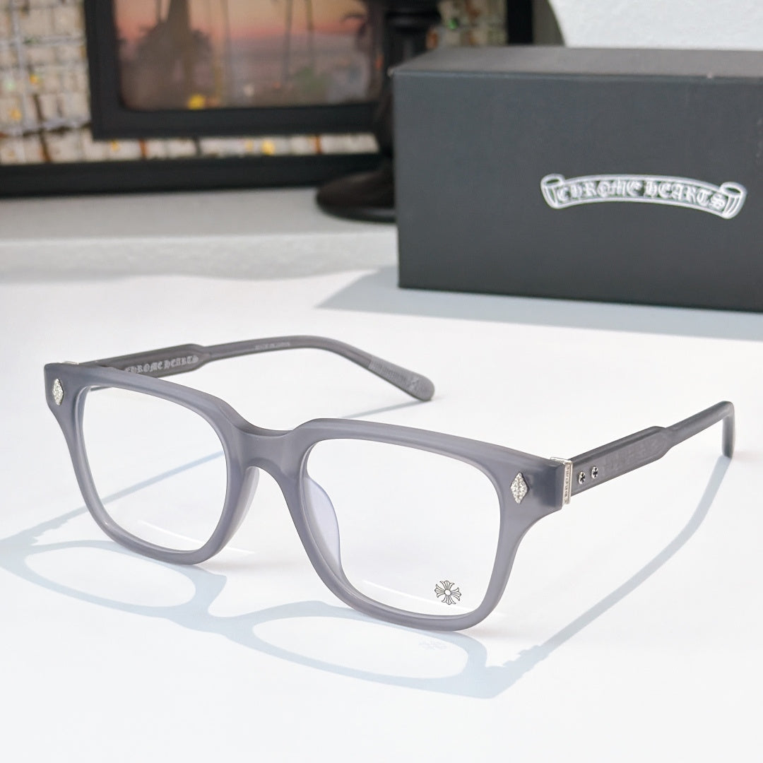 Light gray eyeglasses with full-rim frames and clear lenses, diamond-style temple detailing
