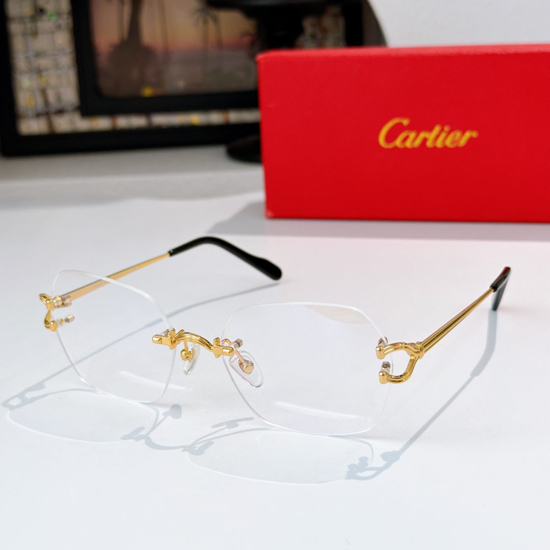 Gold-tone metal eyeglasses with clear lenses and black temples