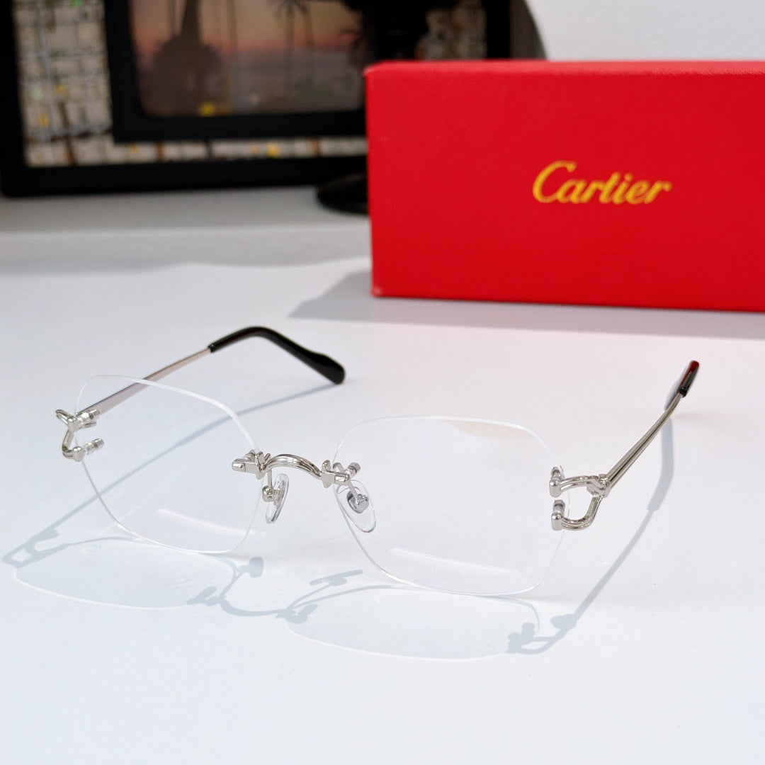 Silver-tone metal eyeglasses with clear lenses and dark temples