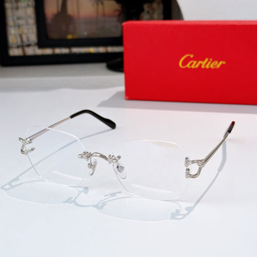 Silver-tone metal eyeglasses with clear lenses and dark temples
