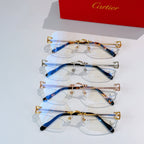 Assorted eyeglasses frames with blue, gold-tone, and black temples and clear lenses