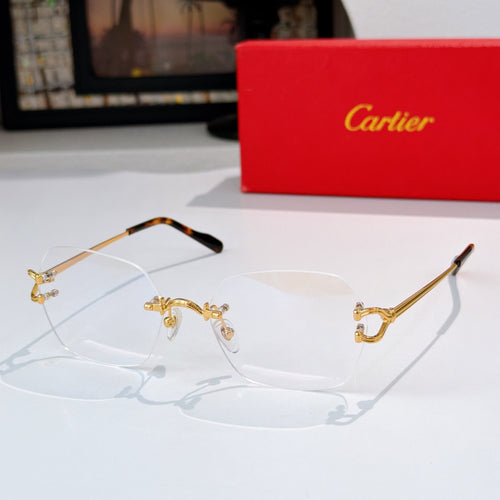Gold-tone metal eyeglasses with clear lenses and dark temples