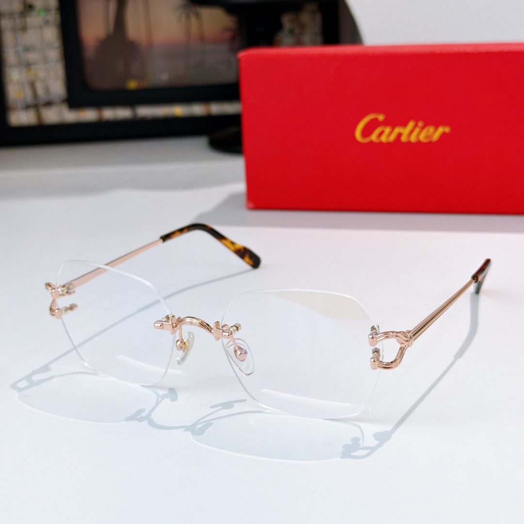 Gold-tone metal eyeglasses with clear lenses and tortoise-style temples