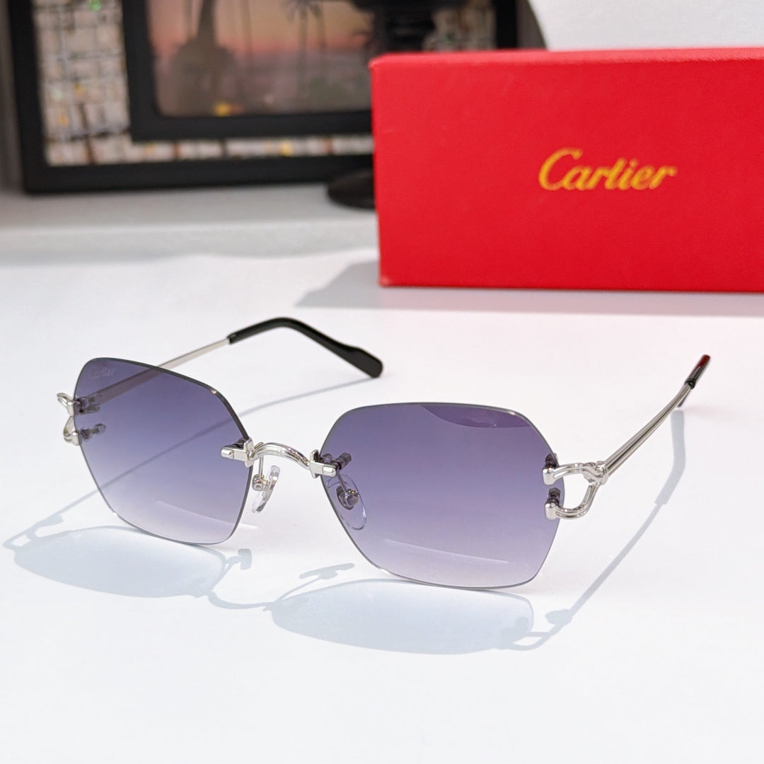 Cartier glasses with black frame, silver accents, purple tinted lenses