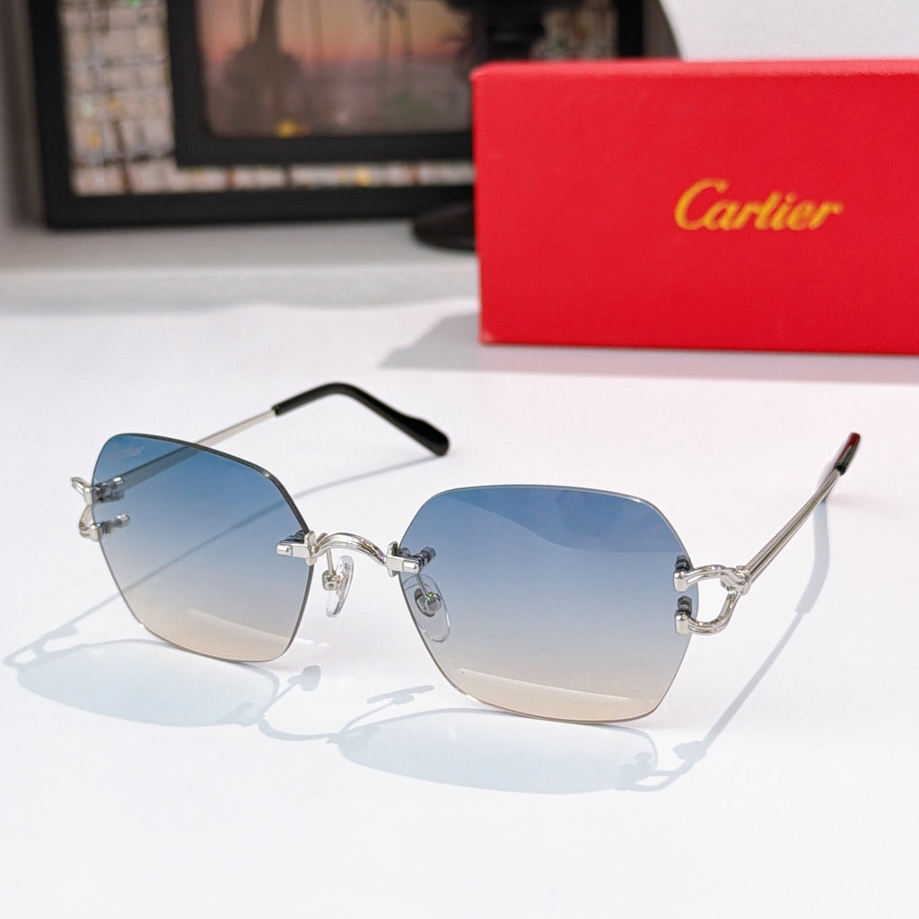 Cartier glasses with black frame, silver accents, light blue tinted lenses