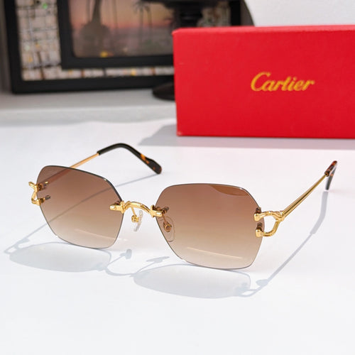 Cartier glasses with black frame, gold metal details, taupe tinted lenses