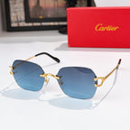Cartier glasses with black frame, gold metal details, blue tinted lenses