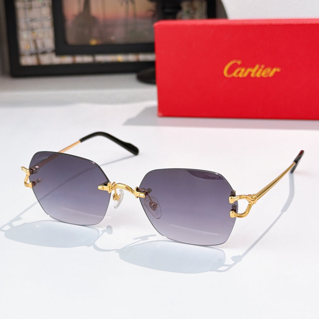 Cartier glasses with black frame, gold metal details, deep purple tinted lenses