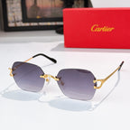 Cartier glasses with black frame, gold metal details, deep purple tinted lenses