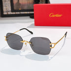Cartier glasses with black frame, gold metal details, dark gray tinted lenses