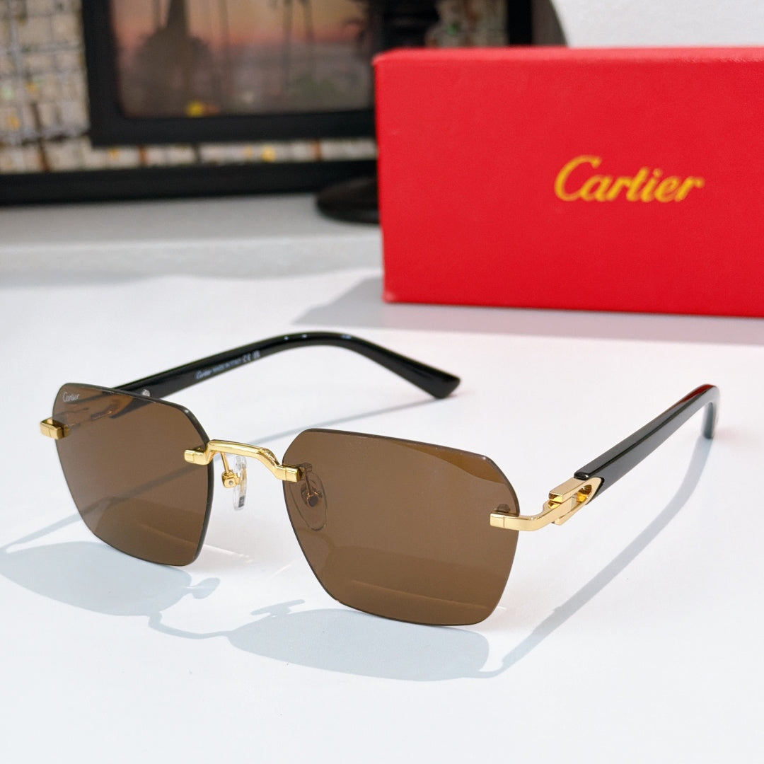 Cartier glasses with black frame and gold accents, brown tinted lenses