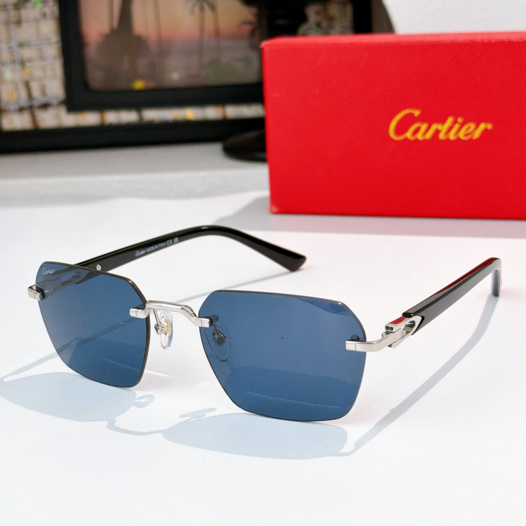 Cartier glasses with dark frame and silver accents, blue tinted lenses