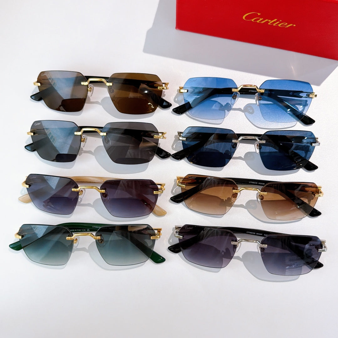 Cartier glasses set with multiple frames and tinted lenses in blue and brown shades