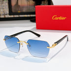 Cartier glasses with black frame and gold accents, blue tinted lenses