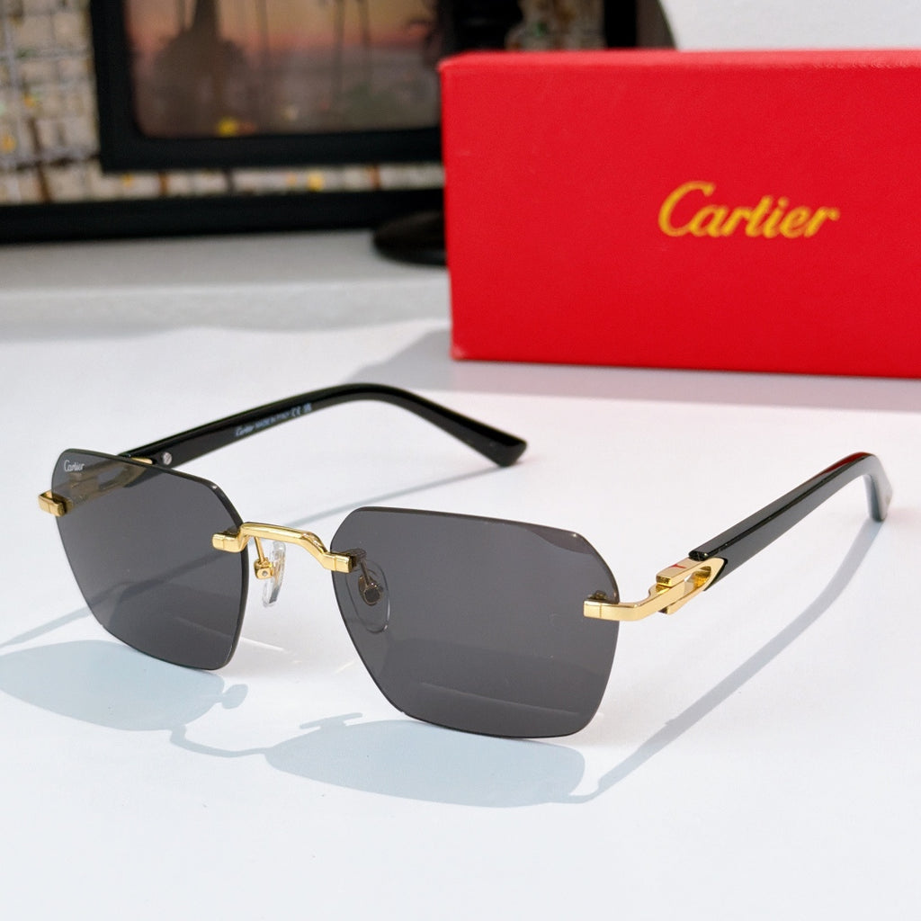 Cartier glasses with black frame and gold accents, dark gray tinted lenses