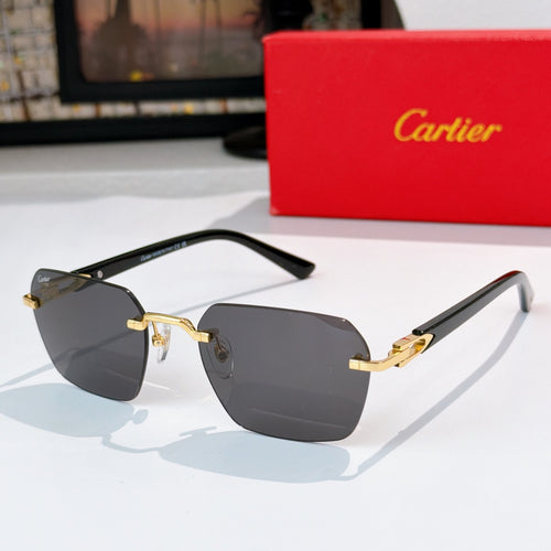 Cartier glasses with black frame and gold accents, dark gray tinted lenses