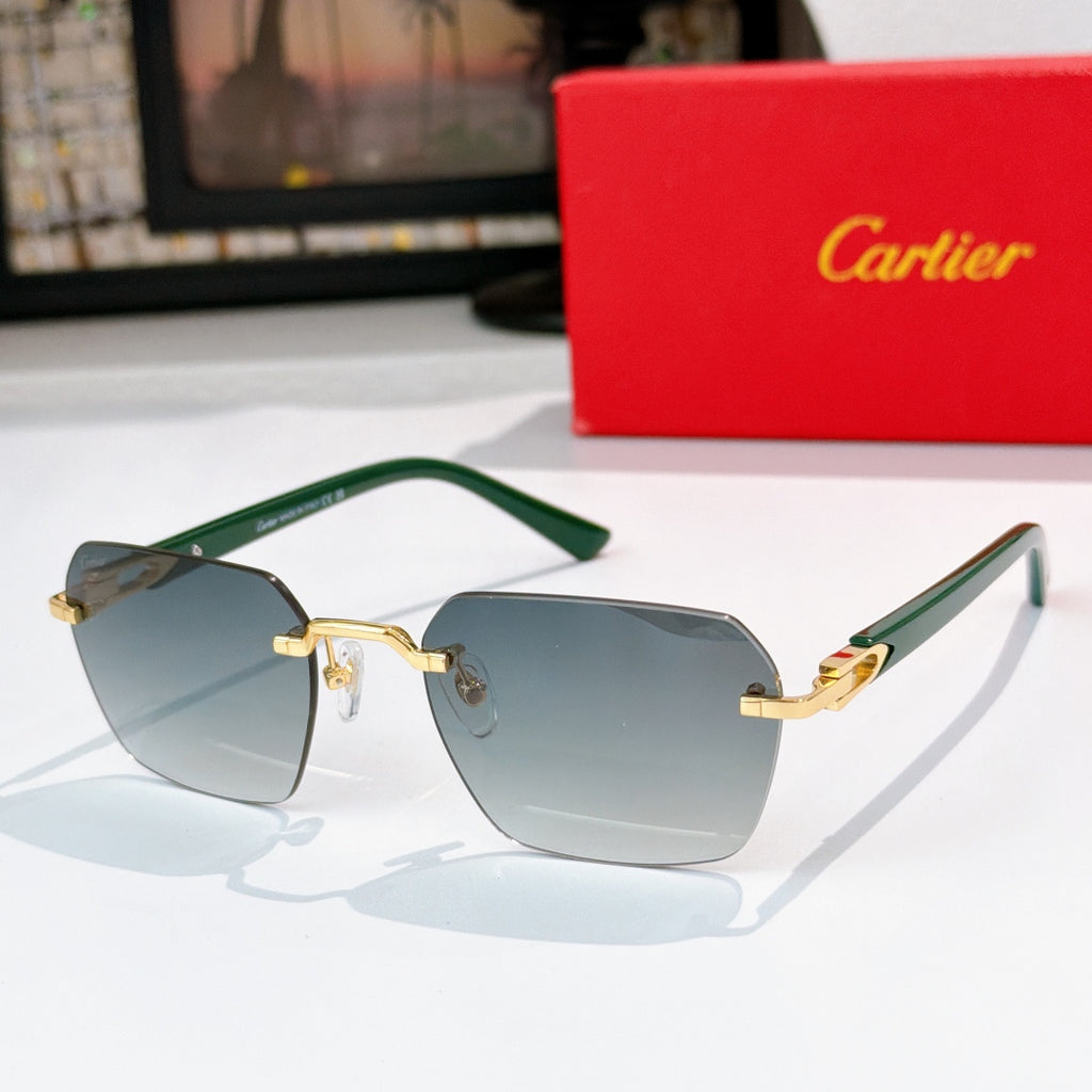 Cartier glasses with green frame and gold accents, light blue tinted lenses