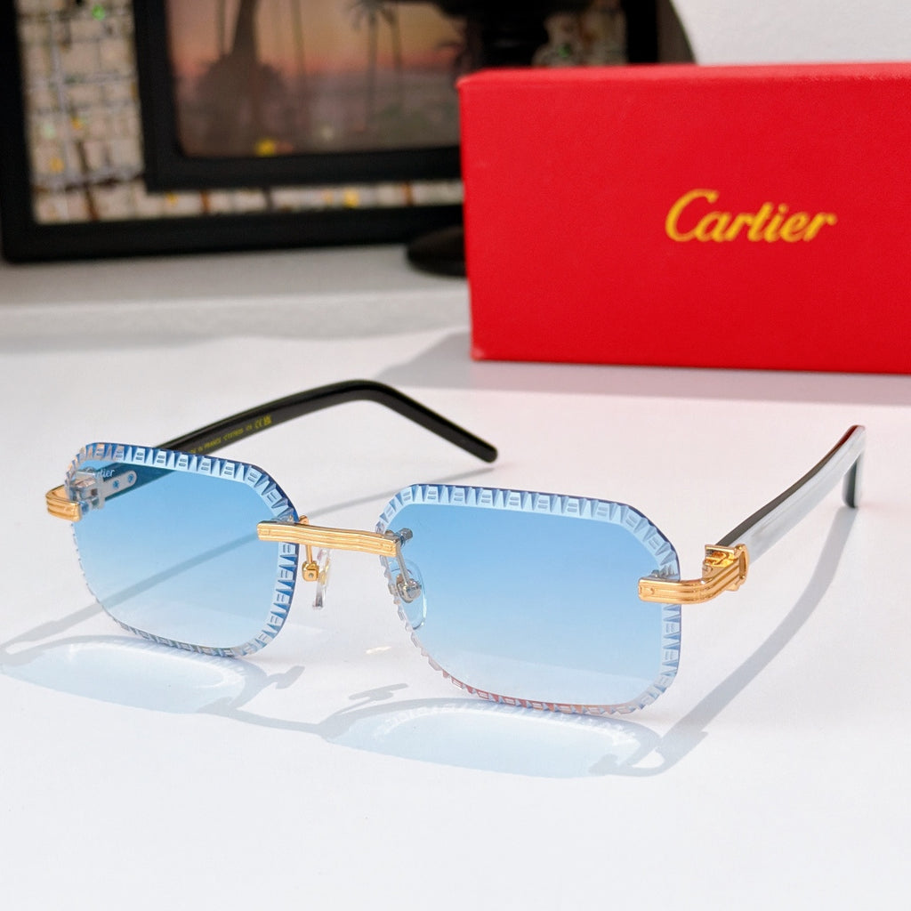Cartier sunglasses with patterned frame, gold accents, light blue tinted lenses