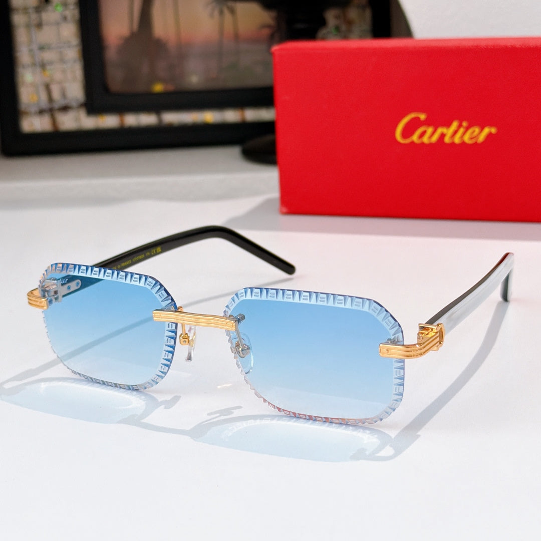 Cartier sunglasses with patterned frame, gold accents, light blue tinted lenses