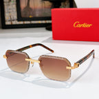 Cartier sunglasses with silver-tone patterned frame, tortoise temples, tinted amber lenses