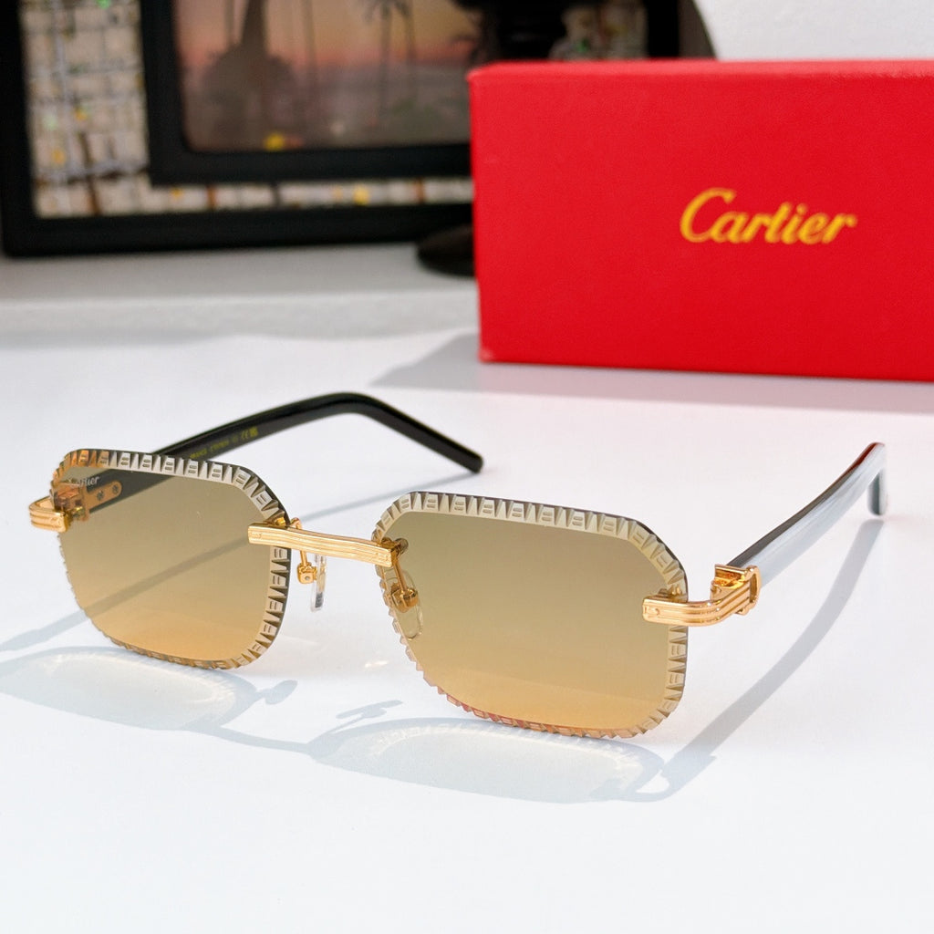Cartier sunglasses with silver-tone patterned frame, gold accents, light amber lenses