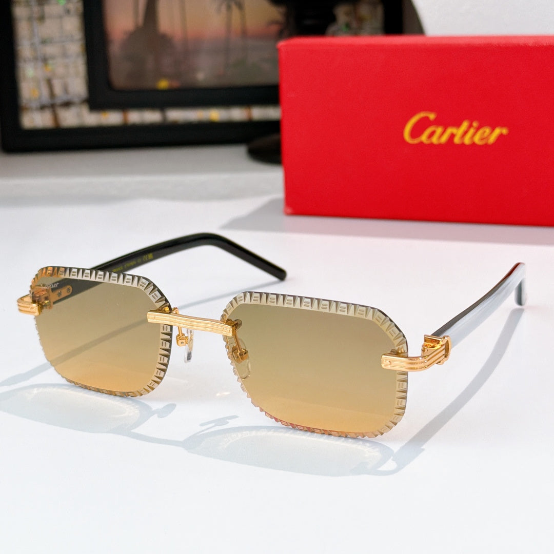 Cartier sunglasses with silver-tone patterned frame, gold accents, light amber lenses
