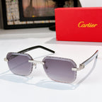 Cartier sunglasses with silver-tone patterned frame, tinted purple lenses, black temples