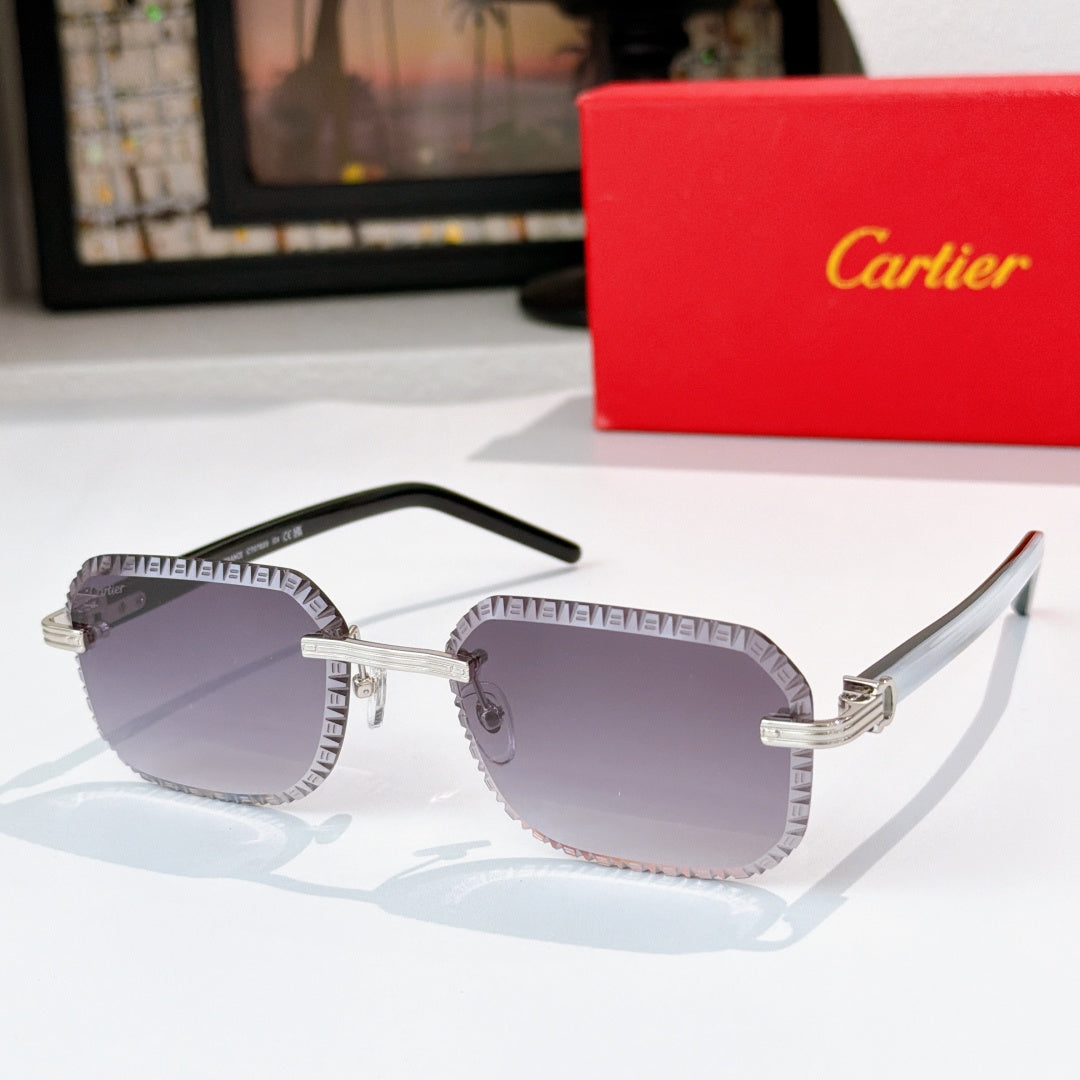 Cartier sunglasses with silver-tone patterned frame, tinted purple lenses, black temples