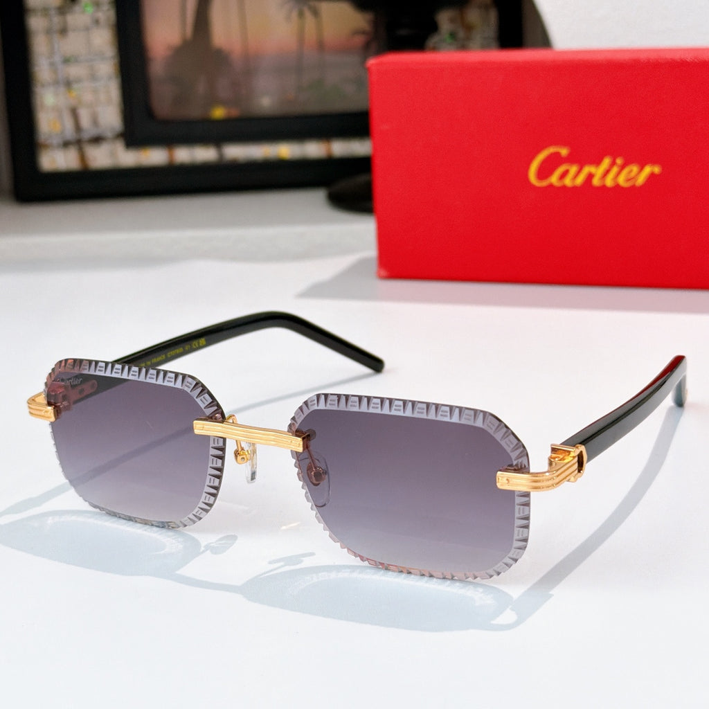 Cartier sunglasses with silver-tone patterned frame, gold accents, tinted purple lenses