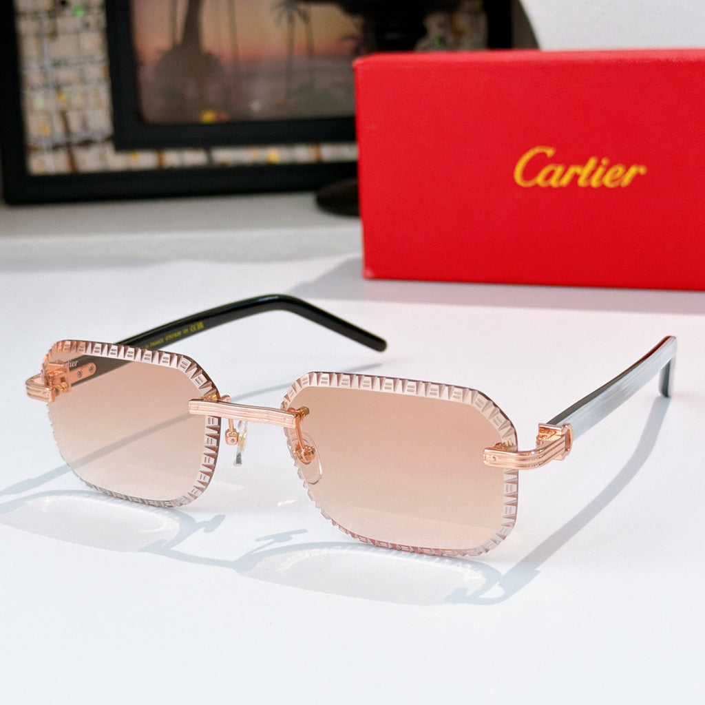 Cartier sunglasses with patterned frame, rose-gold accents, warm brown tinted lenses