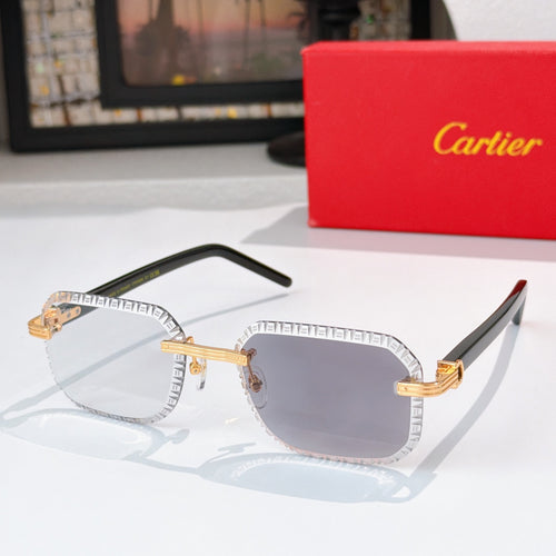 Cartier sunglasses with silver-tone patterned frame, gold accents, tinted purple lenses