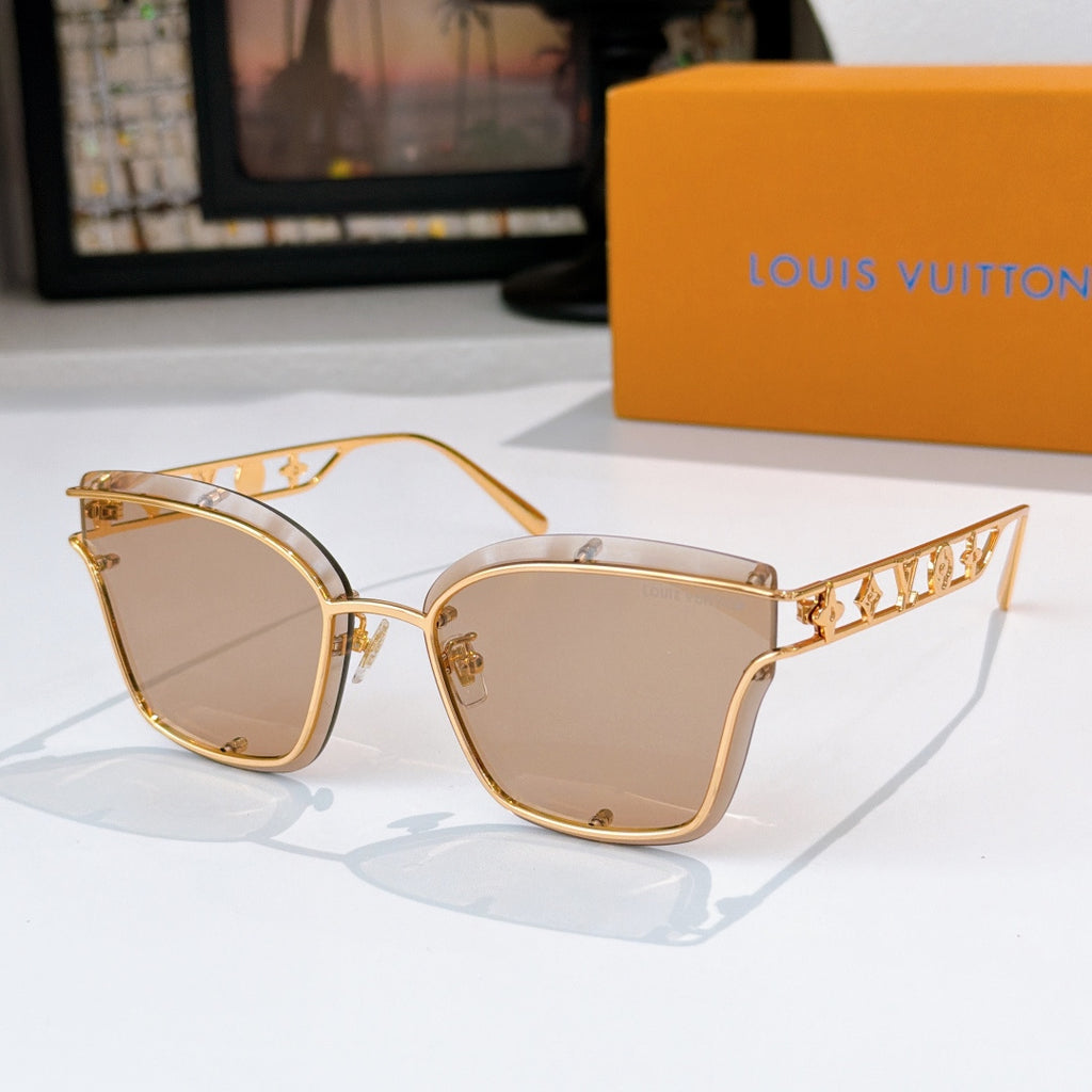 Louis Vuitton square sunglasses with gold frame and beige-tinted lenses