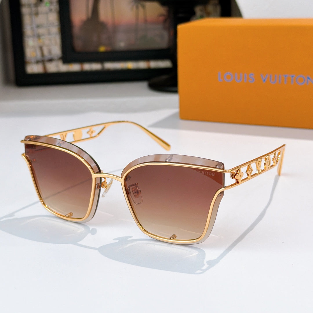 Louis Vuitton square sunglasses with gold frame and dark brown lenses