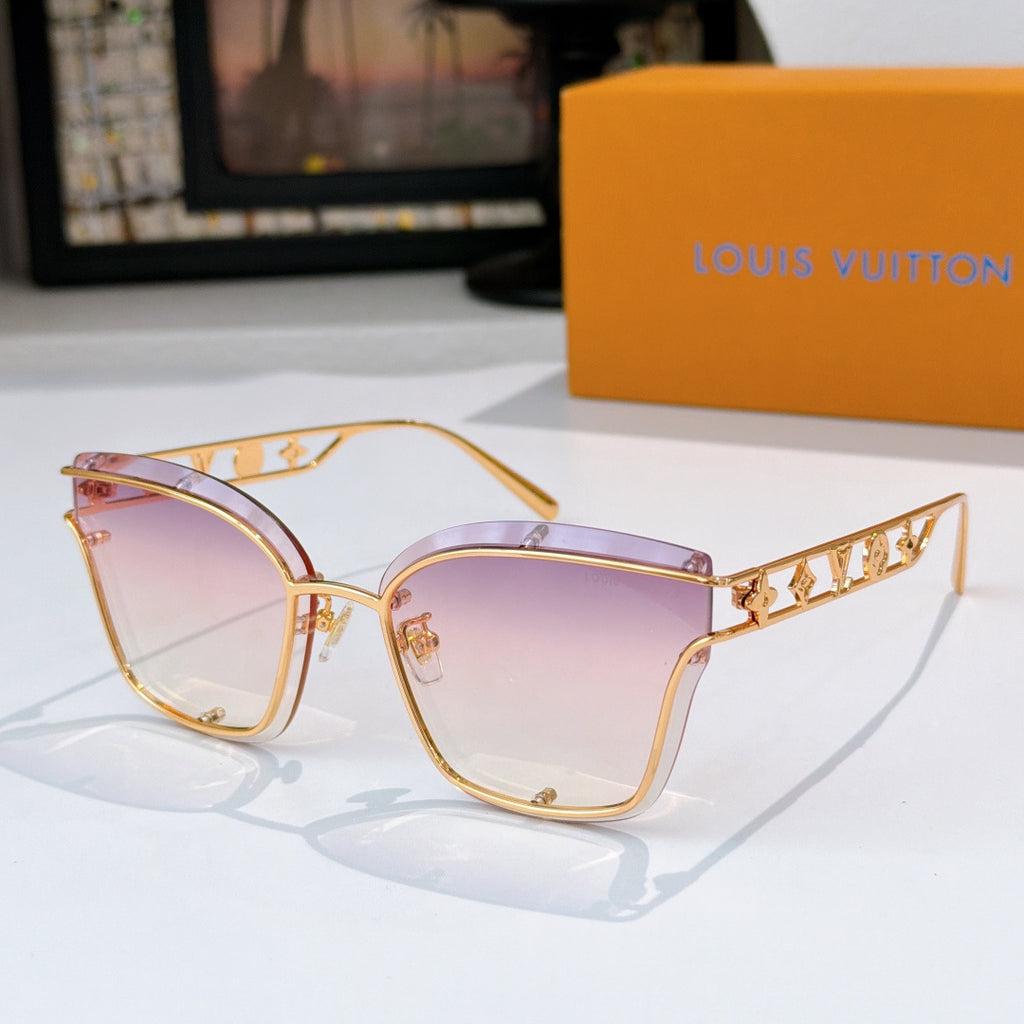Louis Vuitton square sunglasses with gold frame and pink-tinted lenses