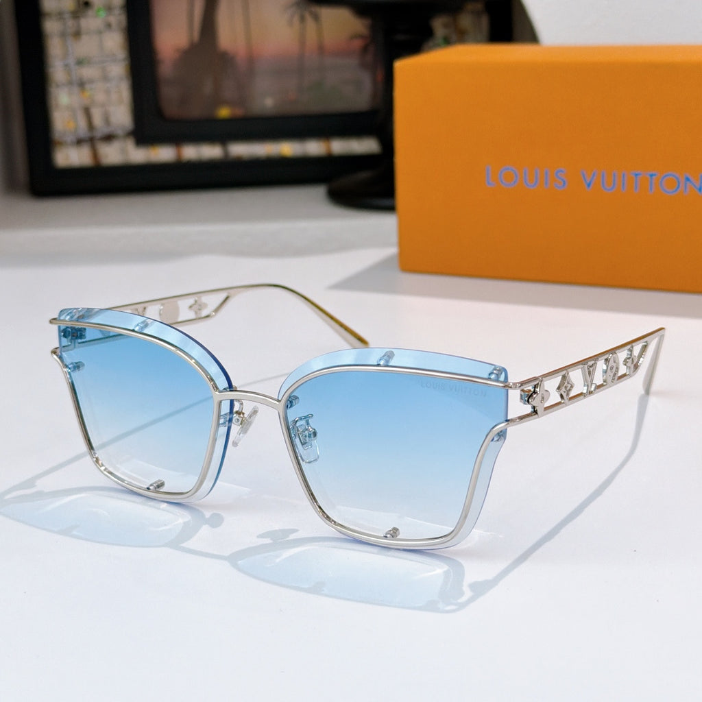 Louis Vuitton square sunglasses with silver frame and light blue lenses