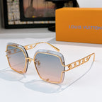 Gold-tone square sunglasses with tinted lavender lenses and logo detail on temples