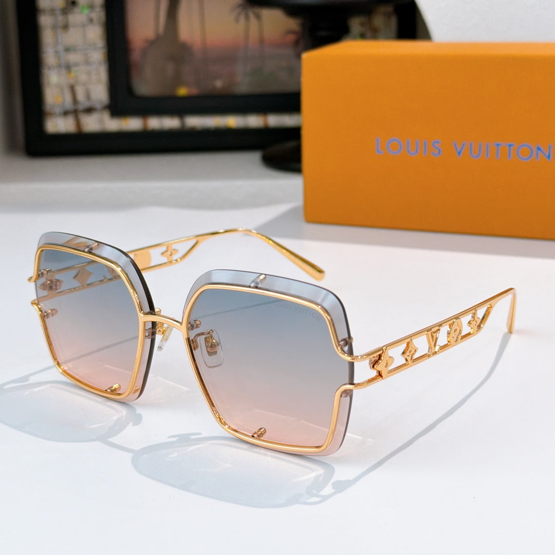 Gold-tone square sunglasses with tinted lavender lenses and logo detail on temples