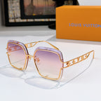 Gold-tone square sunglasses with tinted purple lenses and logo detail on temples