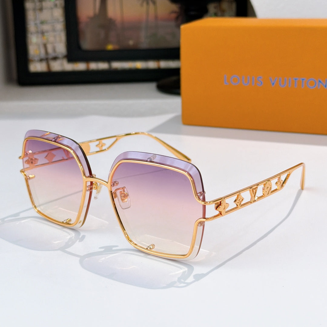Gold-tone square sunglasses with tinted purple lenses and logo detail on temples