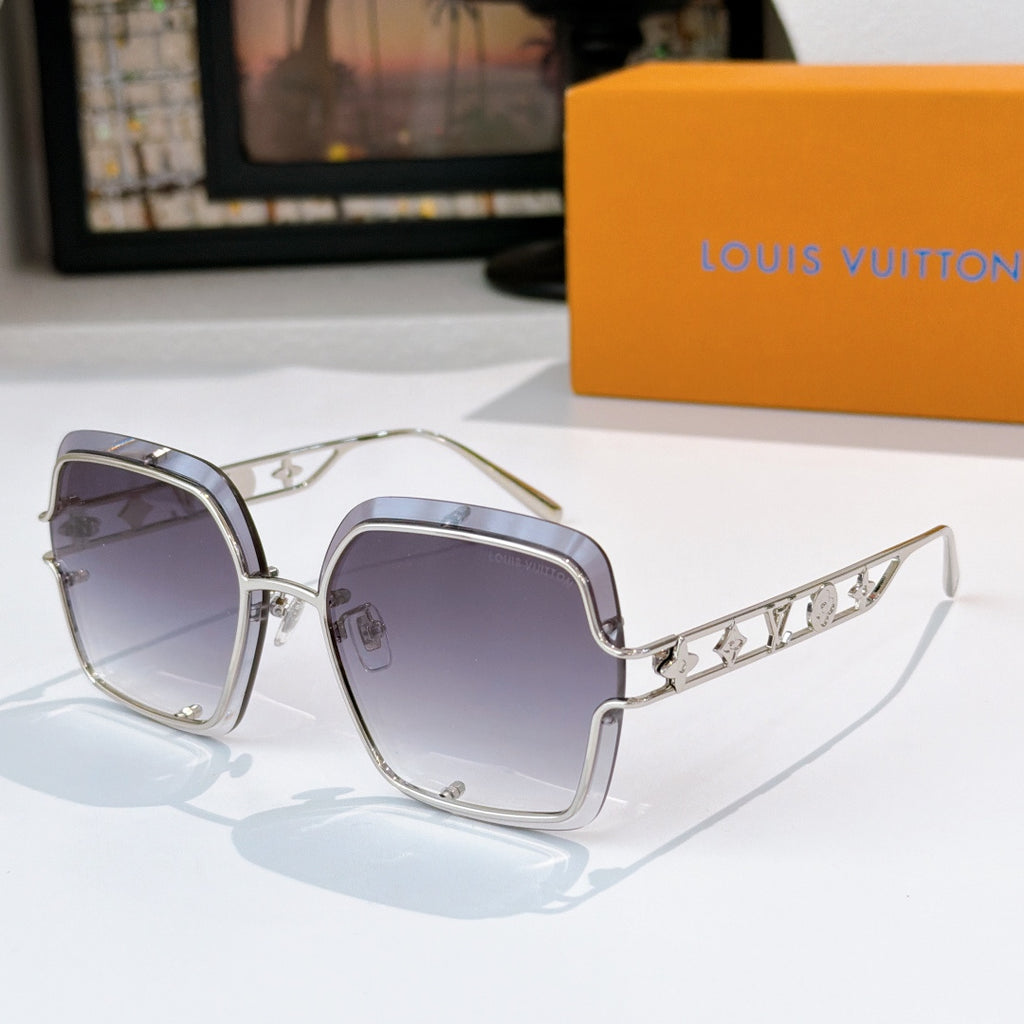 Silver-tone square sunglasses with dark purple lenses and logo detail on temples